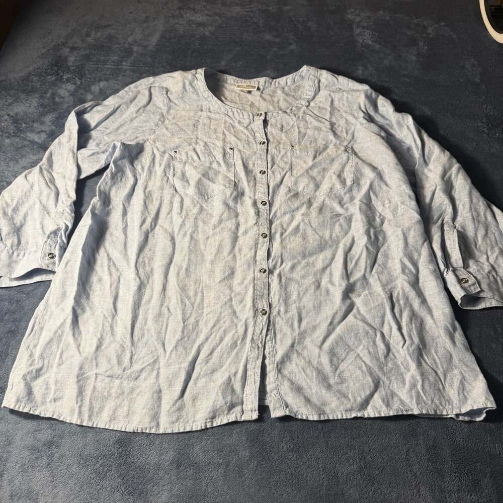 JM Collection Linen Button Down Blouse Blue